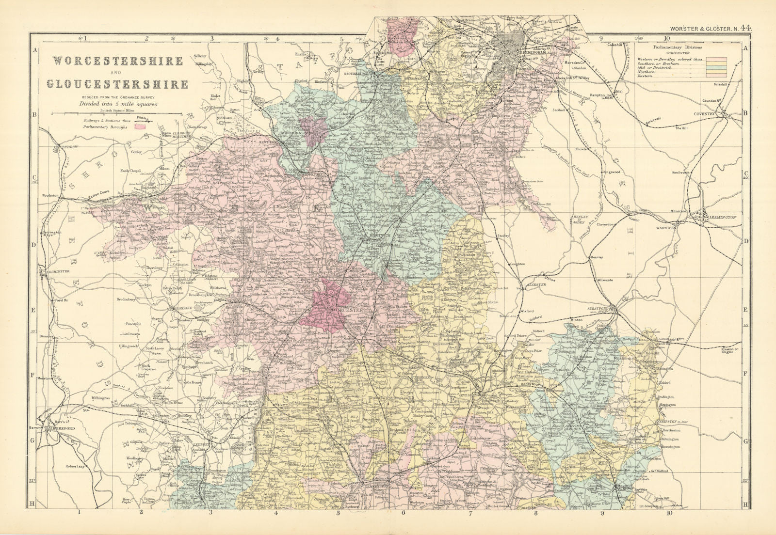 WORCESTERSHIRE & GLOUCESTERSHIRE (North) antique county map by GW BACON 1891